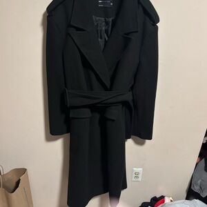 ASOS Long Wrap Belt Trench Collar Formal Coat Black- Size 14